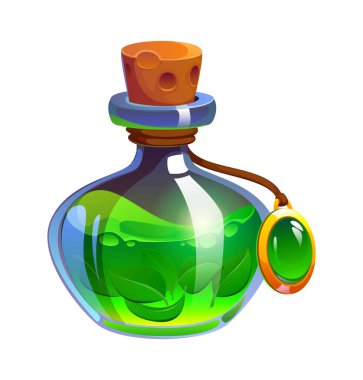 Büyülü çizgi film sihirli iksir vektör şişe mistik cadı iksir kabı içinde parlayan yeşil madde ve asılı tılsım çerçevesi. Fantezi oyunu mu yoksa Cadılar Bayramı iksiri şişesi mi?