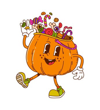 Harika bir Cadılar Bayramı balkabağı karakteri şeker kovasıyla yürüyor. Kolları ve bacakları olan komik Cadılar Bayramı maskotu. Vektör göz, kemik, şeker kamışı, jelibon ve lolipop ikram eder.