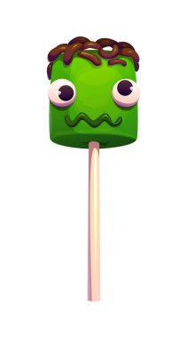 Cadılar Bayramı çizgi filmi canavar suratlı tatlı lokum zombisi. Büyük gözlü, çikolata saçlı ve ağzında çubuk olan komik yeşil şekerlemeli şeker. Ürkütücü Cadılar Bayramı ziyafetleri için tatlı bir tatlı.
