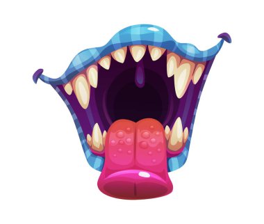 Keskin dişleri ve pembe dili olan çizgi film canavarı ağzı. Korkunç bir sırıtışla mor ve mavi dudakları su topladı. Cadılar Bayramı tatili için öfke gösteren ürkünç yüz ifadesi