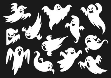 Ürkütücü yüzleri olan, kollarını kaldırıp çeşitli pozlarda yüzen korkunç ve ürkütücü hayalet ruh vektör karakterleri. Cadılar Bayramı hayalet siluetleri uçuyor, çığlık atıyor, gülümsüyor ve rahatsız edici duygular.