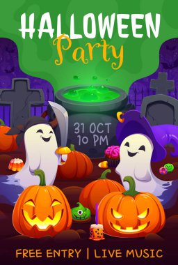 Cadılar Bayramı partisi davetiye broşürü. Korsan gibi giyinmiş iki neşeli hayalet ve parlayan fenerlerin arasında duran bir cadı. Arkalarında, mezar taşlarıyla çevrili köpüren yeşil bir kazan var.