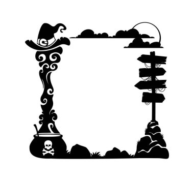 Cadılar Bayramı korkunç çerçevesi, cadı şapkası, iksir kazanı ve duman bulutu. Taş yığınının üzerinde örümcek ağı olan tahta tabela. Cadılar Bayramı için ürkütücü sonbahar vektör pankartı