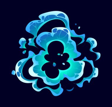 Cartoon water splash, translucent shapes in cyan, teal and aqua form foamy petals and droplets around a turquoise core. Vector fun liquid boom, gui comic dynamic aquatic explosion splatter movement