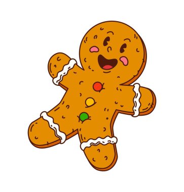 Groovy retro gingerbread man cookie character with cute cartoon face. Christmas treat with sweet icing details and vintage 70s vibe. Funky vector mascot for winter holiday party