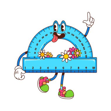 School education and stationery groovy vector character. Cheerful blue protractor with ruler base, expressive eyes, wide mouth with tongue sticking out. Funky personage for geometry and math