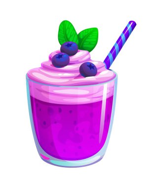 Purple violet smoothie drink. Cartoon vector blueberry smoothie healthy beverage, food, dessert in transparent glass topped with whipped cream, fresh berries, green mint leaves and blue striped straw