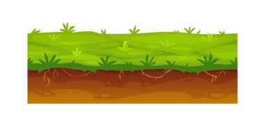 Game ground soil layer of grass. Cartoon vector green grassy surface with roots. Natural seamless texture of meadow land with grass, dirt and earth platform. Fertile field in nature cross section view