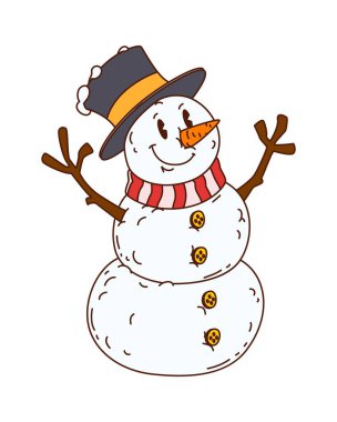 Groovy Christmas snowman character wears striped red and white scarf and bowler hat. Funky snowman with carrot nose and happy smile with jolly expression. Retro vector personage for winter party
