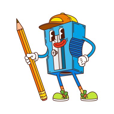 Cartoon school education stationery groovy sharpener vector character. Pencil sharpener mascot blue body detailed with metallic blade and wears green shoes and yellow cap. Funky 70s personage