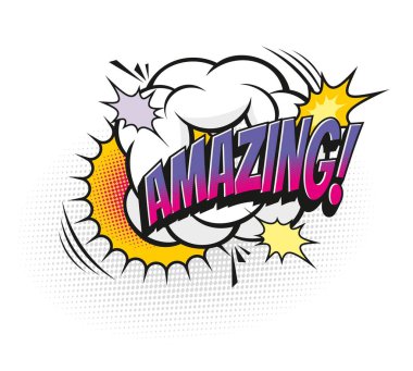 Amazing comic sound effect speech bubble symbol. Sound cloud halftone tag, expression speech bubble vintage vector sticker. Comic text balloon retro label with purple typography and explosion effect