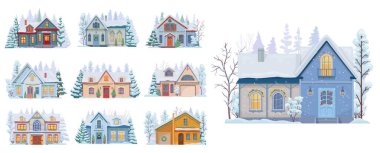 Christmas winter buildings facade exterior. Cozy houses with snowy roofs, pine trees, festive garlands and frosted windows, covered in snow, surrounded by pine trees and festive decorations vector set