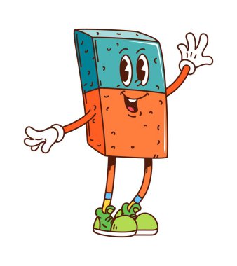 School education stationery eraser groovy vector character. Cartoon eraser mascot divided into orange and blue parts, standing upright with sneakers. Funky personage for school and student