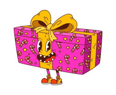 Groovy Christmas gift box character with big smile and yellow bow on head. Funky present mascot in funny sneakers. Pink vector personage with trippy holiday vibe for party invitations