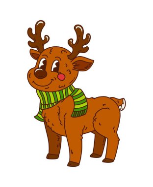 Groovy Christmas deer character with funky antlers, green scarf and retro 70s vibe. Cute psychedelic reindeer with cheerful cartoon face. Vector merry holiday mascot for winter parties