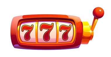 Cartoon casino and gambling game slot machine showing a winning combination of three red sevens 777. Isolated vector gamble spin machine with pulled lever, symbol of luck, rewards and casino nightlife