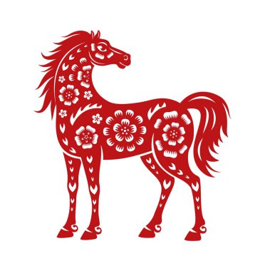 2026 'nın vektör sembolü Asya' nın yeni yılı için kırmızı at. Çin Yeni Yıl tatili için çiçek desenli kağıt kesimli at ve Asya burcu CNY selamlaması