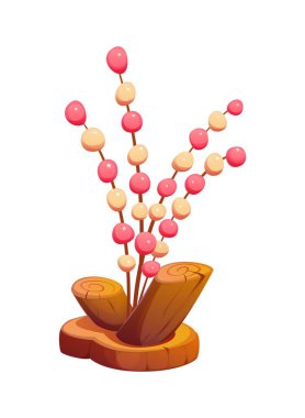 Mizuhiki aranjmanlarını içeren çizgi film Japon yeni yıl dekorasyonu, dalların üzerinde mochi topları, ahşap bir tabanda. Mevsimlik geleneksel bayram dekorasyonu, iyi şansı ve refahı simgeliyor.