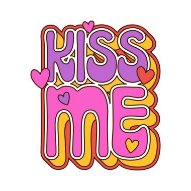 Sevgililer Günü karikatürü süper bir öpücük. Romantik tatil retro funky dekorasyon, Sevgililer Günü vektör unsuru. Pembe ve mor renkli etiket, tipografi metni ve kalpler.