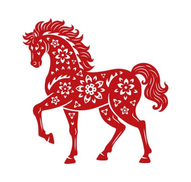 Asya 'nın yeni yıl Çin burcunun kırmızı atı, 2026' nın vektör sembolü. Çin Yeni Yılı için toynakla at dövmek, kağıt kesiği çiçek desenli süs ya da Asya burcu tatili.