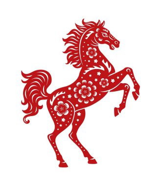 Çiçek desenli kırmızı at, Asya 'da Çin' de yeni ay yılı ve güç burcunun sembolü. Vektör kısrak ya da aygır silueti dinamik duruş gösterir, 2026 Asya Yeni Yılı 'nın şenlikli burç sembolü