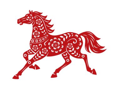 Asya Çin Yeni Ay yılı için kırmızı at ve vektör sembolü yıldız falı. 2026 At Yılı Çin yıldız falı, kağıt kesimli at Asya Yeni Yıl tatili için çiçek süsleme deseni