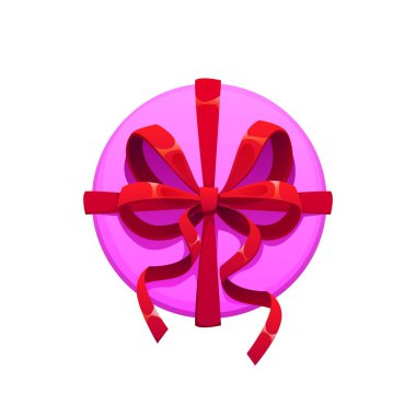 Noel tatili pembe hediye kutusu karikatürü dekorasyonu. Mutlu yıllar yuvarlak hediye kutusu, kırmızı kurdele süslemeli Noel sürprizi, Xmas şenlik vektörü hediye paketi