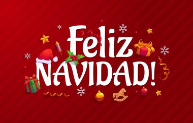 Mutlu Noeller ispanyolca Mutlu Noeller kartı ve çizgi film Xmas bayram hediyeleri. Yılbaşı hediyeleri, Noel ağacı baloları ve kar taneleri, Noel Baba şapkası ve zencefilli at selamlama bayrağı.