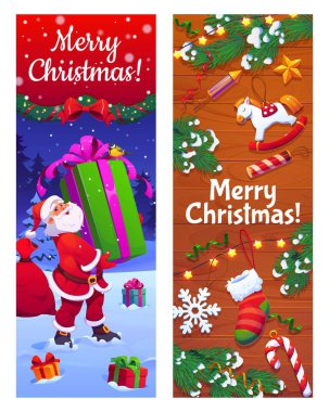Noel ve kış tatili afişleriniz kutlu olsun. Noel Baba ve Xmas hediyeleri, çizgi film vektörü. Mutlu Noel Baba 'yla karlı ormanda Noel hediyeleri ve Noel ağacı ışıkları ve süslemeleri.