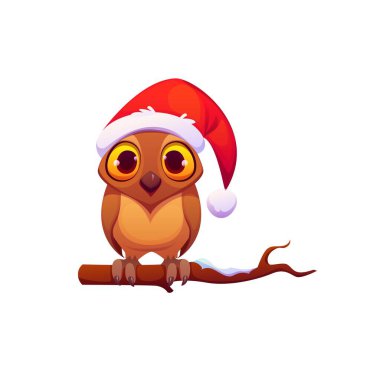 Mutlu noel karikatürü baykuş komik karakteri. Noel kutlaması hayvan maskotu, Xmas şenlikli baykuş vektör kişiliği. Noel Baba şapkalı kış kuşu ağaç dalında oturan sevimli karakter.