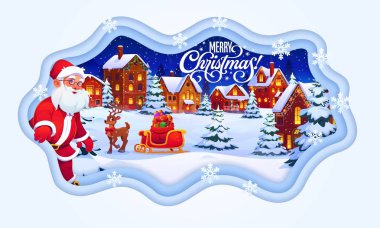 Kağıt kesiği Noel tebrik kartı, Noel tatili, kış kasabası ve Noel kızağı. Çizgi film karakteri Noel Baba karakteri ve Noel geyiği karlı kasabaya Noel hediyeleri, kağıt kesiği tebrik kartı ile geliyor.