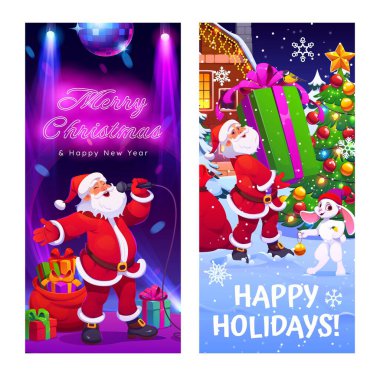 Kış mevsimi tatilleri ve Noel Baba 'nın sahne ışıkları ve hediyelerle neon bir sahnede şarkı söylediği mutlu Noel taşıyıcı afişleri. Noel Baba 'nın ağaç ve tavşanın yanında kocaman bir hediye taşıdığı şenlikli kış sahnesi
