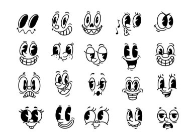 Çizgi film vektörleri. Mutlu, uykulu ve çapkın, kafası karışık, ıslık çalan ve korkan, neşe, kahkaha, şok ya da iğneleme, romantik ve şapşal. Çizgi film ifadeli emoji paketi, karakter çıkartmaları