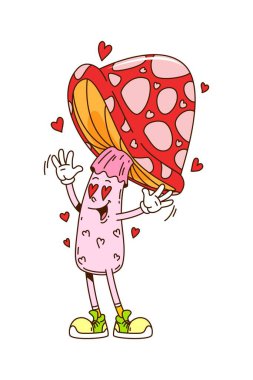 Karikatür retro sevgililer günü modası geçmiş, kalp şeklinde gözleri ve hippi ayakkabıları olan mantar karakteri. Vector amanita mantar komedi kişiliği aşk titreşimleri yayıyor ve neşeli, sevgi dolu sevgililer günü enerjisi yayıyor.