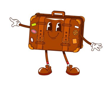 Çizgi film, hippi tarzı valiz, bavul, eski moda seyahat valizleri. Yapıştırmalı, izole edilmiş bir vintage çanta. Y2k kişiliği, anlamlı gözleri ve geniş, misafirperver bir gülümsemesi var. Yabancı bir yolculuğa hazır.
