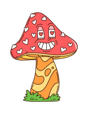Sevgililer Günü karikatürü, harika sineksi, sevimli karakter. Romantik gündüz komedi karakteri, bayram modasına uygun vektör kişiliği. Sevgililer Günü neşeli maskotu ya da kızıl mantar