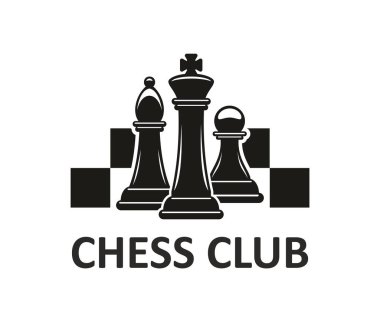 Satranç sporu yarışması monokrom ikonu. Satranç kulübü amblemi, masa oyunu yarışması vektör sembolü. Fil, papaz ve piyonlu satranç ikonu, strateji ve zekayı sembolize ediyor.