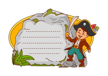 Korsan ve korsan çocuklar, karikatür karikatürü çerçevesinde elinde kılıçla büyük bir kayanın yanında duran ve yazmak için kesik çizgileri olan bir kaptan çocuğu not ederler. İletiler veya liste için vektör macerası temalı şablon