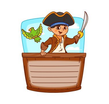 Korsan ve korsan denizci çocuklar not şablonu. Çocuklar hazine avı çerçevesi, çocuk planlama korsanlığı notları ayarlıyor. Korsan denizci çocuğun elinde kılıç, yeşil papağan tuttuğu defter sayfası.