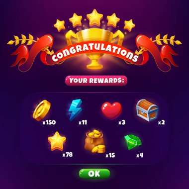 Parlak altın bardaklı, kırmızı kuşak kurdeleli, parlak yıldızlı ve defne dallı bir oyun zaferi penceresi afişi. Madeni para, mücevher ve kalpler, yıldızlar, sandıklar ve ödüller içeren karikatür vektör ödül tahtası