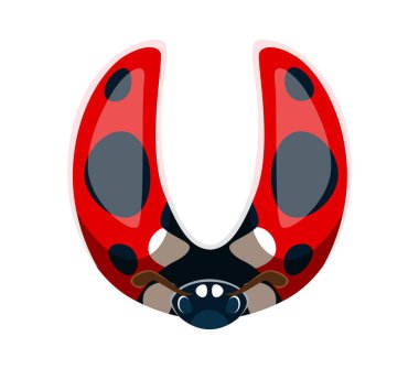 Uğur böceği yazı tipi çizgi film harfi U. Bahar böceği yazı seti sembolü, bahçe hanımı böcek vektör işareti. Sevimli uğur kuşu çocukları ABC yazı tipi harfi veya kırmızı böcek çizgi film yazı tipi ögesi