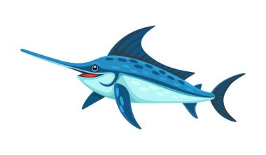 Marlin balığı denizi sualtı hayvan çizgi film karakteri. Sualtı yaratığı neşeli karakter, deniz suyu kılıçbalığı tatlı, izole edilmiş vektör şahsiyet. Okyanus deniz yaban hayatı mutlu bir maskot.