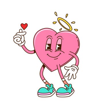 Kafasında parlak haleler, klasik spor ayakkabılar ve parmak kalp hareketi olan karikatür harikulade bir sevgililer günü karakteri. İzole edilmiş vektör romantik retro kişilik, y2k titreşimli sevgi ve sevginin sembolü.