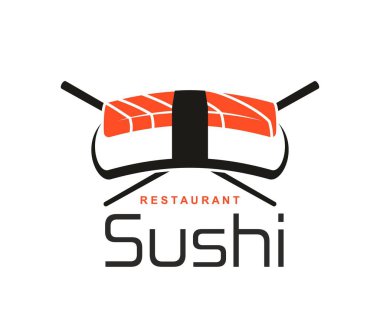 Somon nigiri ile geleneksel somon suşisi amblemi ve kırmızı ve siyah desenli yemek çubukları. Suşi barı, Japon restoranı, teslimat servisi için modern tipografi içeren Asya gıda vektör simgesi