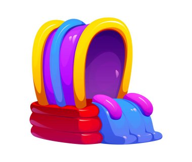 Şişirilebilir slaytlar ya da çocuk zıplama oyunu için zıplama sürüşü, çizgi film vektörü. Trambolin parkının fedaisi ya da çocuklar için eğlence parkı eğlencesi, slaytlı şişme ev