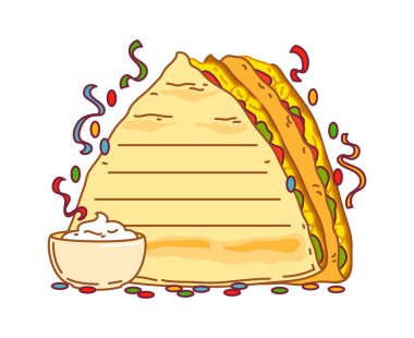 Meksika taco çerçeveli kağıt çıkartması, vektör ajandası. Günlük plan listesi veya mesaj sayfası ve yapışkan not etiketi için Meksika taco sandviçi veya Meksika yemeği notları.