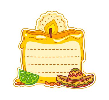 Meksikalı çocuklar, karikatür mum çerçevesini, erimiş balmumuyla birlikte karikatür şeklinde not alarak limon dilimi ve geleneksel Meksika sombrerosu gibi neşeli elementlerle bir etiket alanı oluşturuyorlar. Ölü dekorun vektör günü