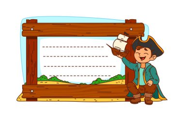 Korsan ve yelkenli çocuk notları çerçevesi. Çocuklar için karikatür, karikatür çerçevesi, korsan albüm etiketi. Korsan çocuk karakteri, ahşap tahtalar ve sahil şeridini canlandıran çocuk planlamacısı çıkartması.
