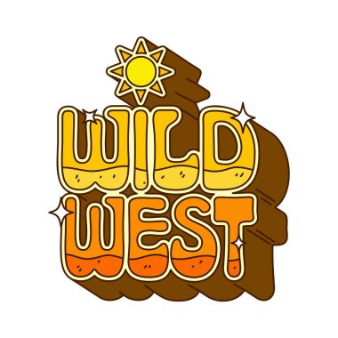 Batı ve Vahşi Batı eski moda tipografisi. Güneş gölgesi ve kum dokusuyla Amerikan tipografisi, ABD Vahşi Batı antika, antika vektör yaması. ABD Batı karikatür etiketi veya dekorasyonu