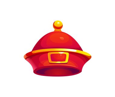 Refah Tanrısı 'nın kırmızı şapkalı Çin Yeni Yıl bayramı ikonu, çizgi film yıldızı vektör oyun varlığı. Çin zenginlik tanrısı ya da Caishen başlığı, CNY festivalinde şans ve şans için altın süslemeli.